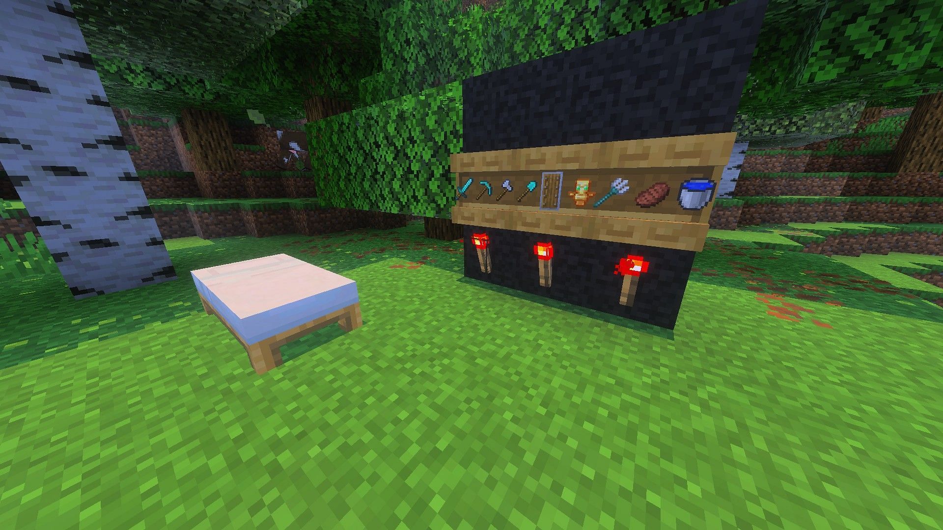All three shelves are connected, and nine items in these shelves will collectively appear in a hotbar (Image via Sportskeeda Gaming || Mojang Studios)